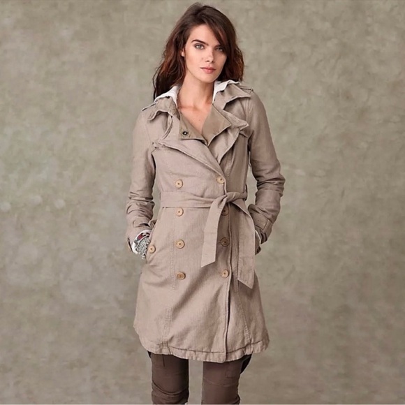 Free People We The Free Rugged  Double Breasted Plaid Linned Tan Trench Coat - Picture 2 of 13